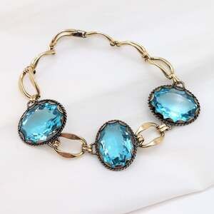 Vintage Simmons Signed Blue Glass Crystal Gold Tone Oval Link Bracelet 7in